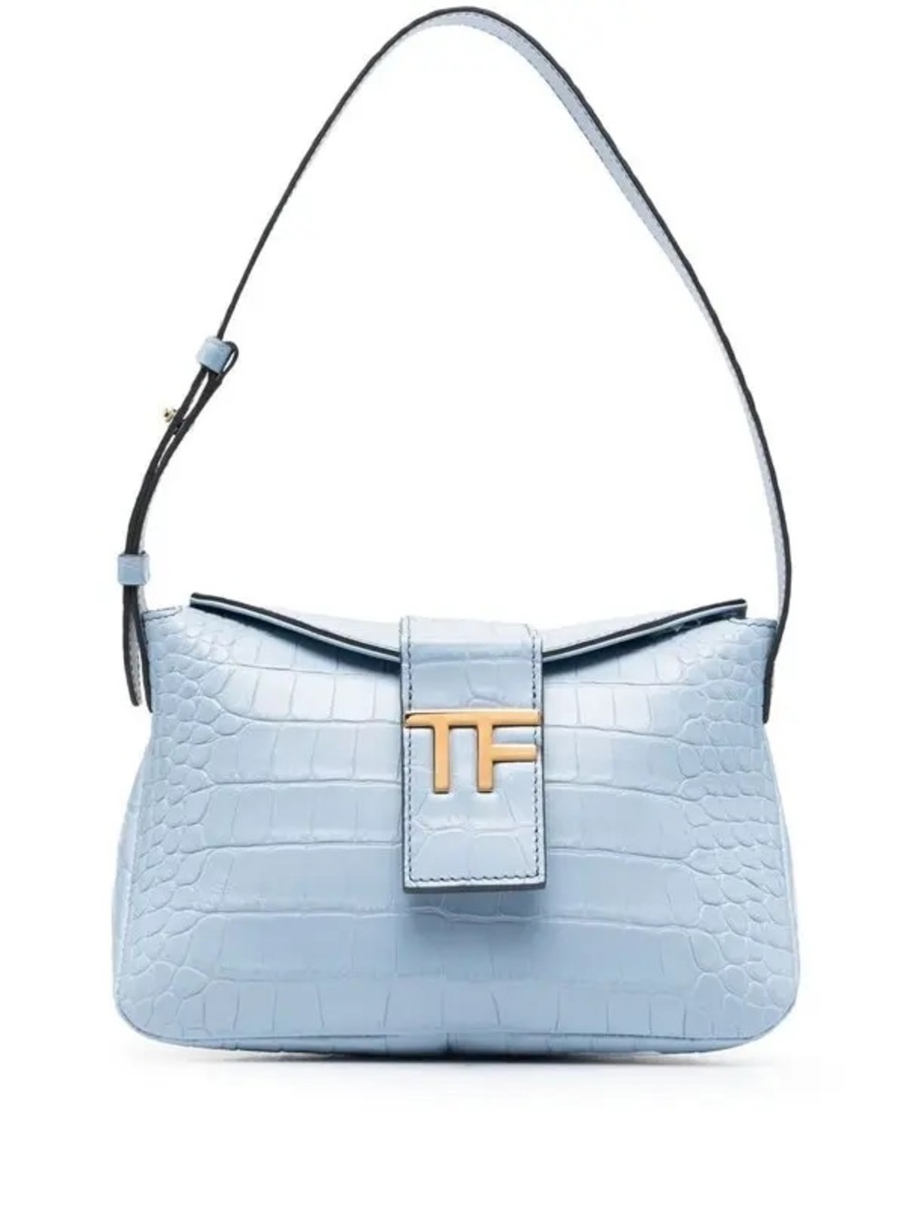 Tom Ford Pale Blue Croc-Embossed Leather Shoulder Bag with Gold TF Logo